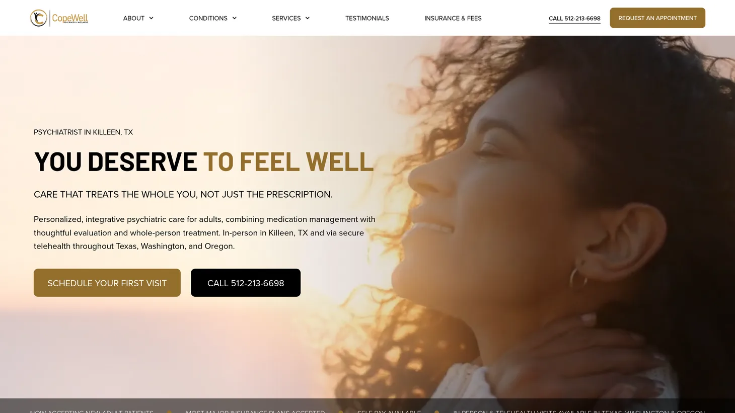 CopeWell Psychiatry & Wellness website homepage designed by PilotPractice