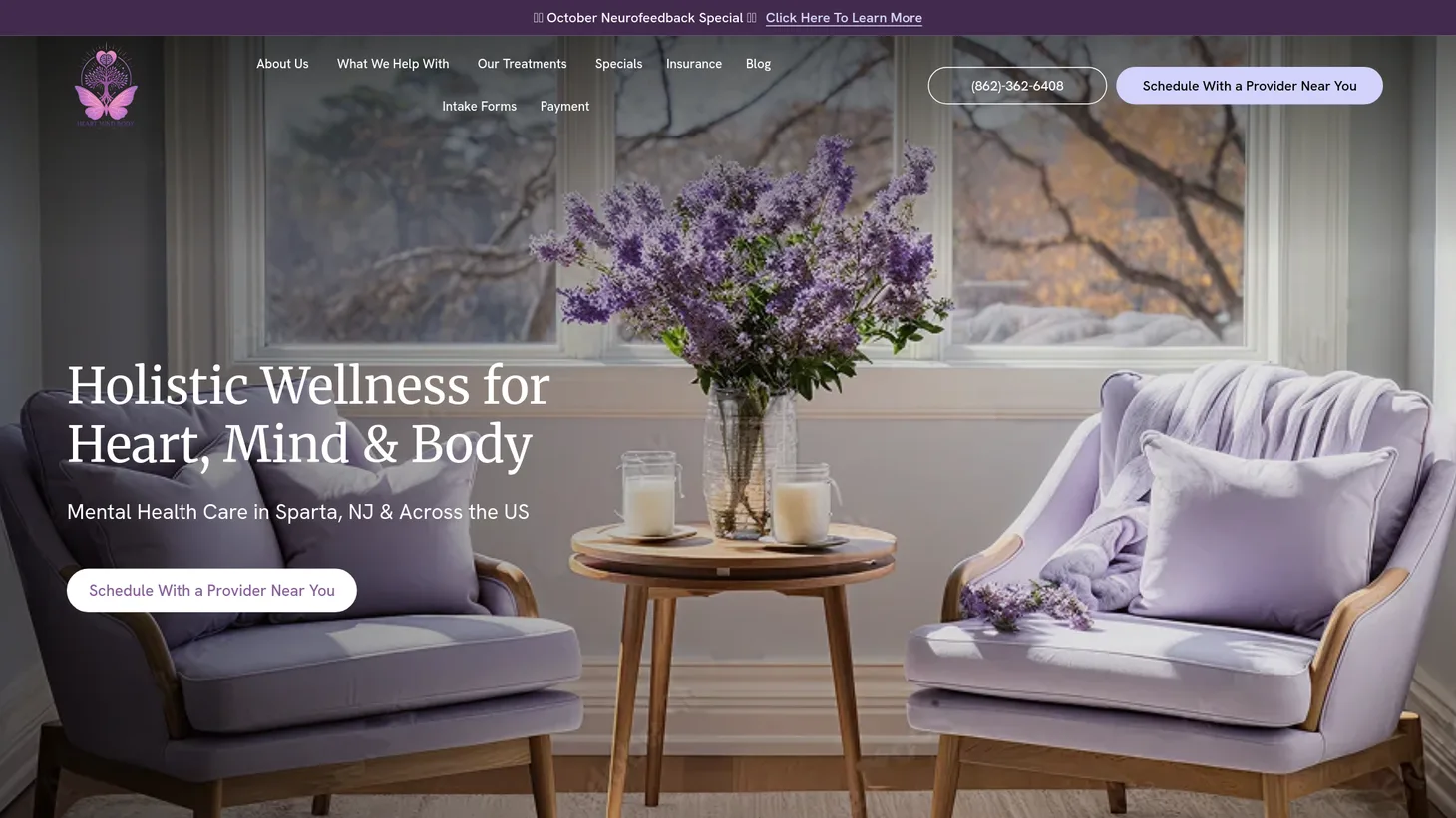 Heart Mind Body website homepage designed by PilotPractice