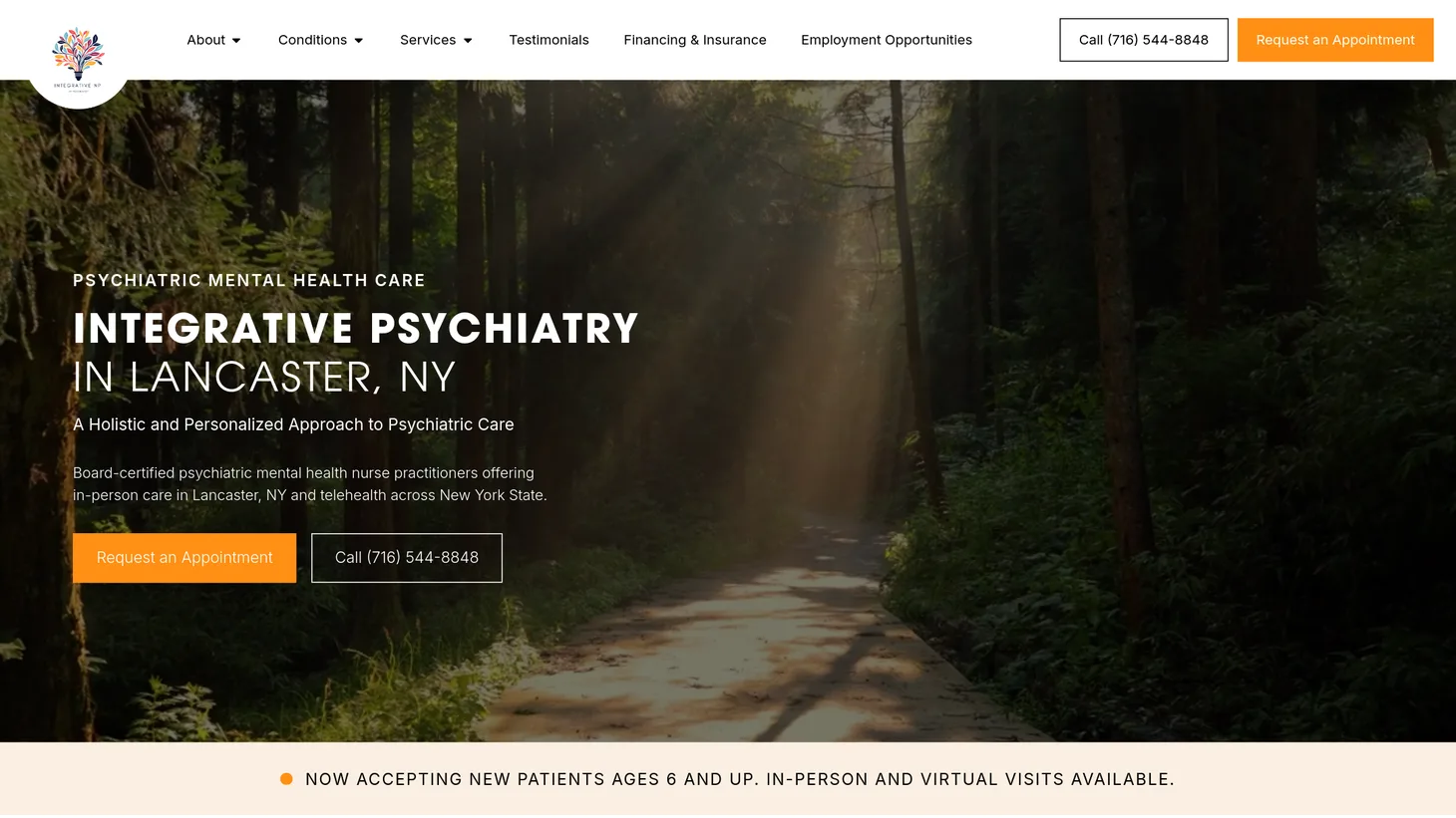 Integrative NP in Psychiatry website homepage designed by PilotPractice