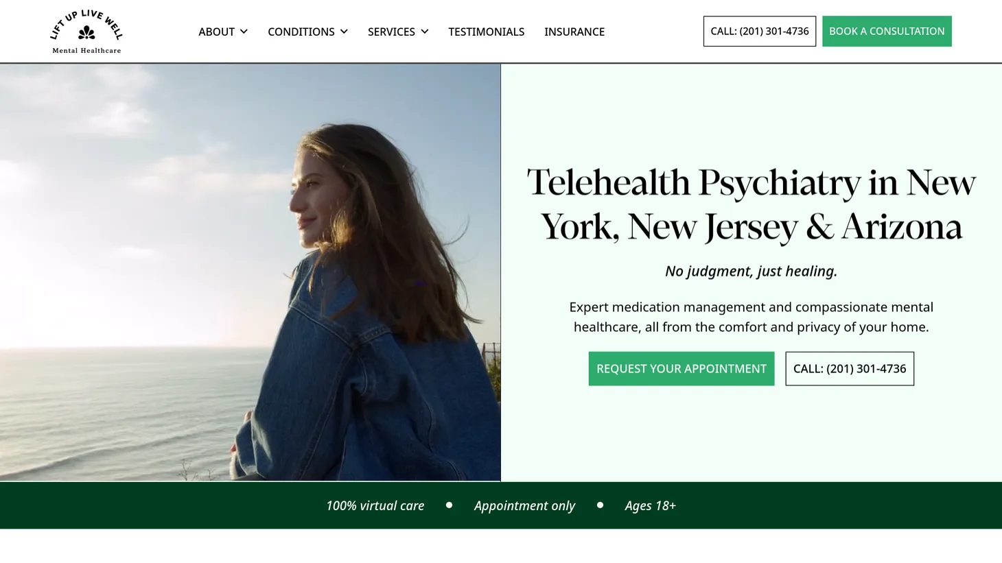 Lift Up Live Well Mental Healthcare website homepage designed by PilotPractice