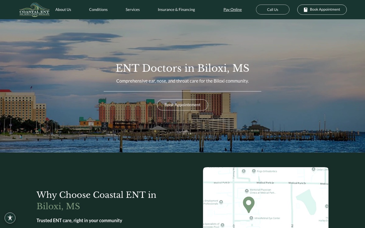 Coastal ENT office page titled ENT Doctors in Biloxi, MS with a map of the office below
