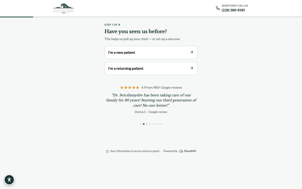 Coastal ENT online booking page asking whether the patient is new or returning, with a 4.9 star Google rating below