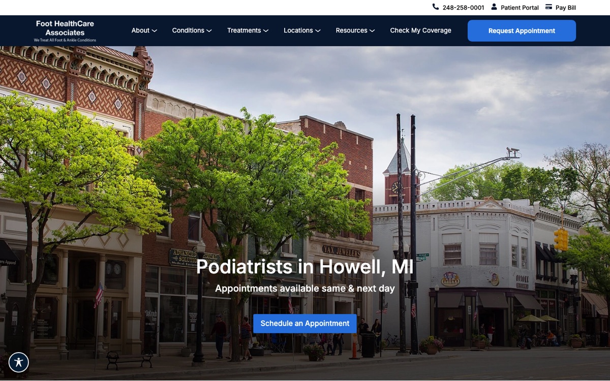Foot HealthCare Associates office page titled Podiatrists in Howell, MI with a Schedule an Appointment button
