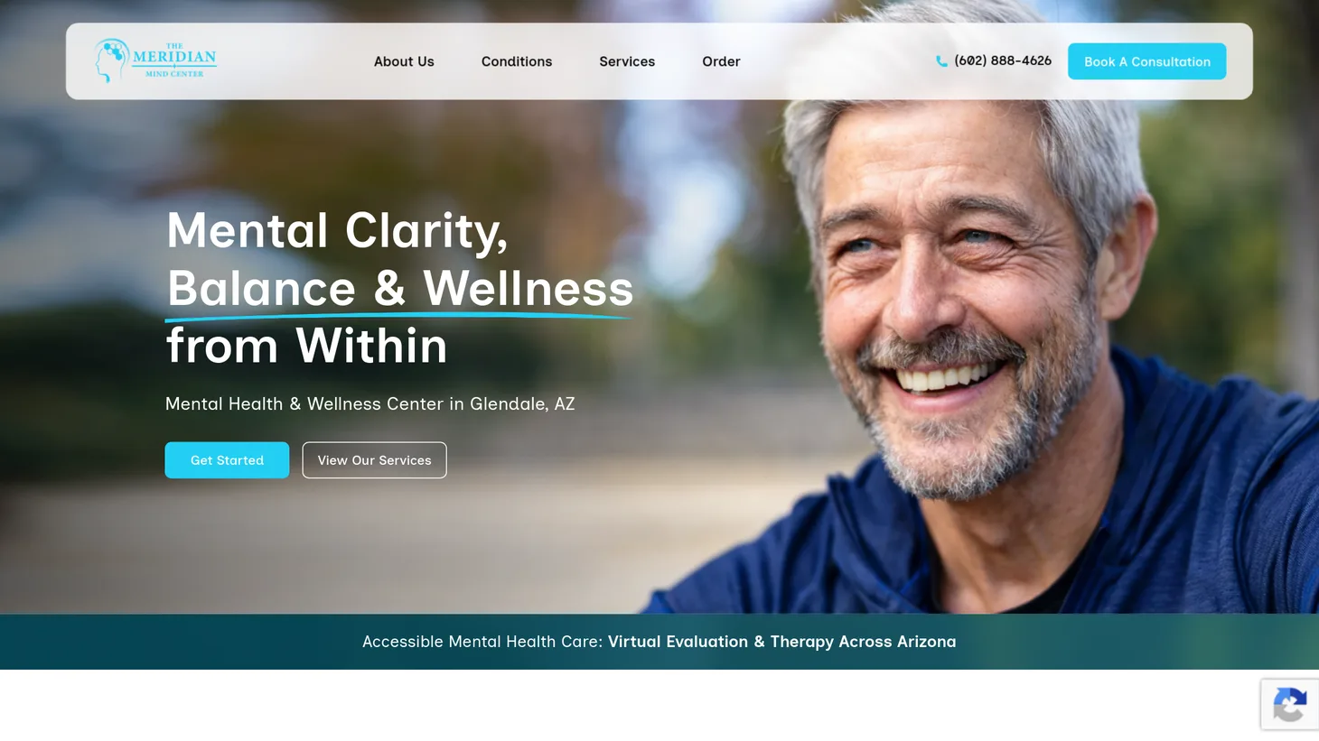 Meridian Mind Center website homepage designed by PilotPractice
