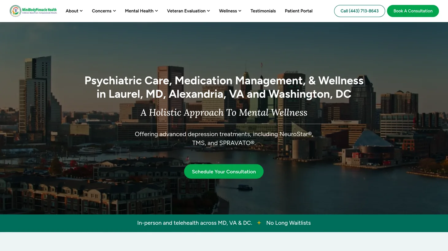 MindBodyPinnacle Health website homepage designed by PilotPractice