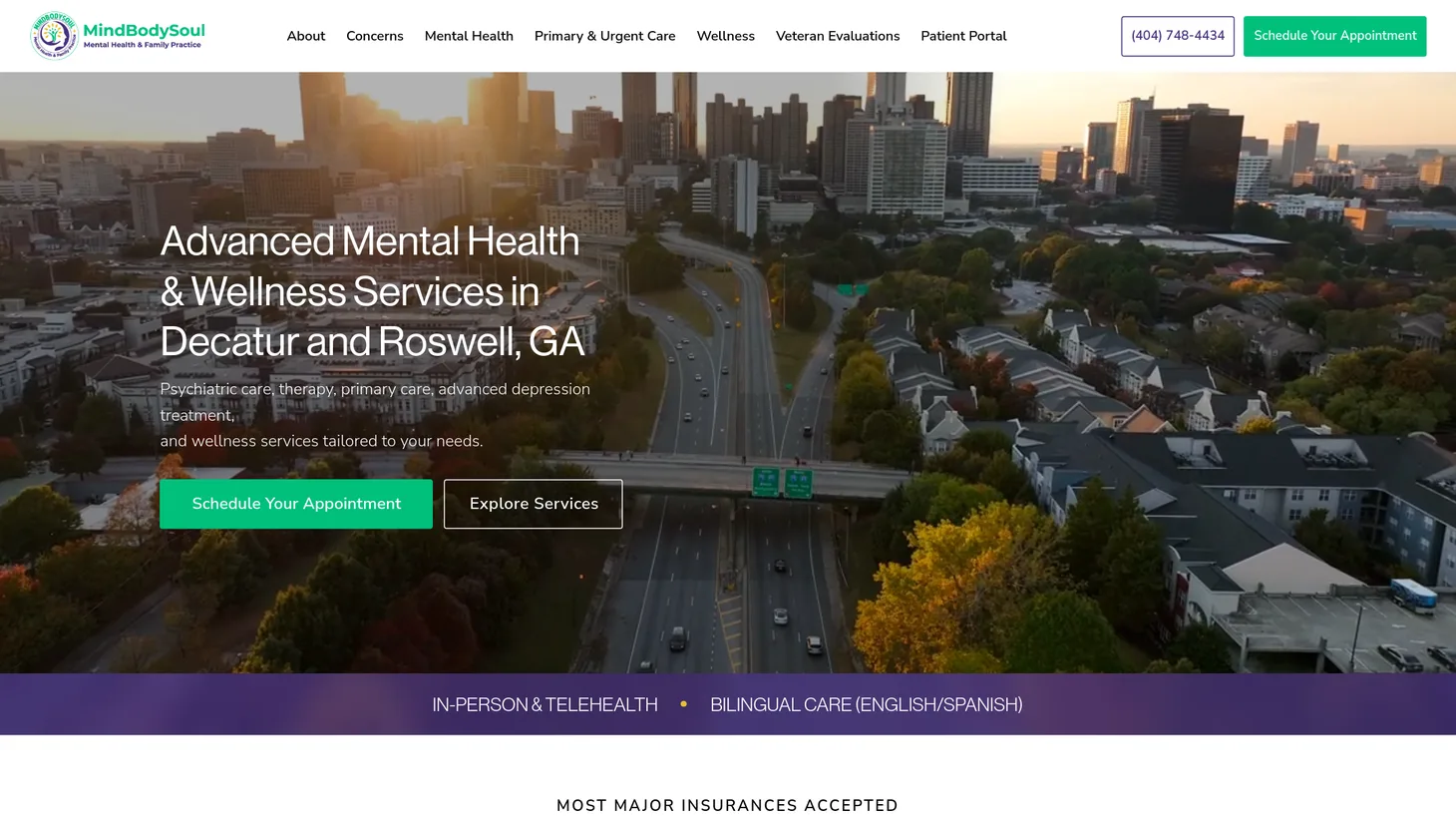 MindBodySoul Mental Health & Family Practices website homepage designed by PilotPractice
