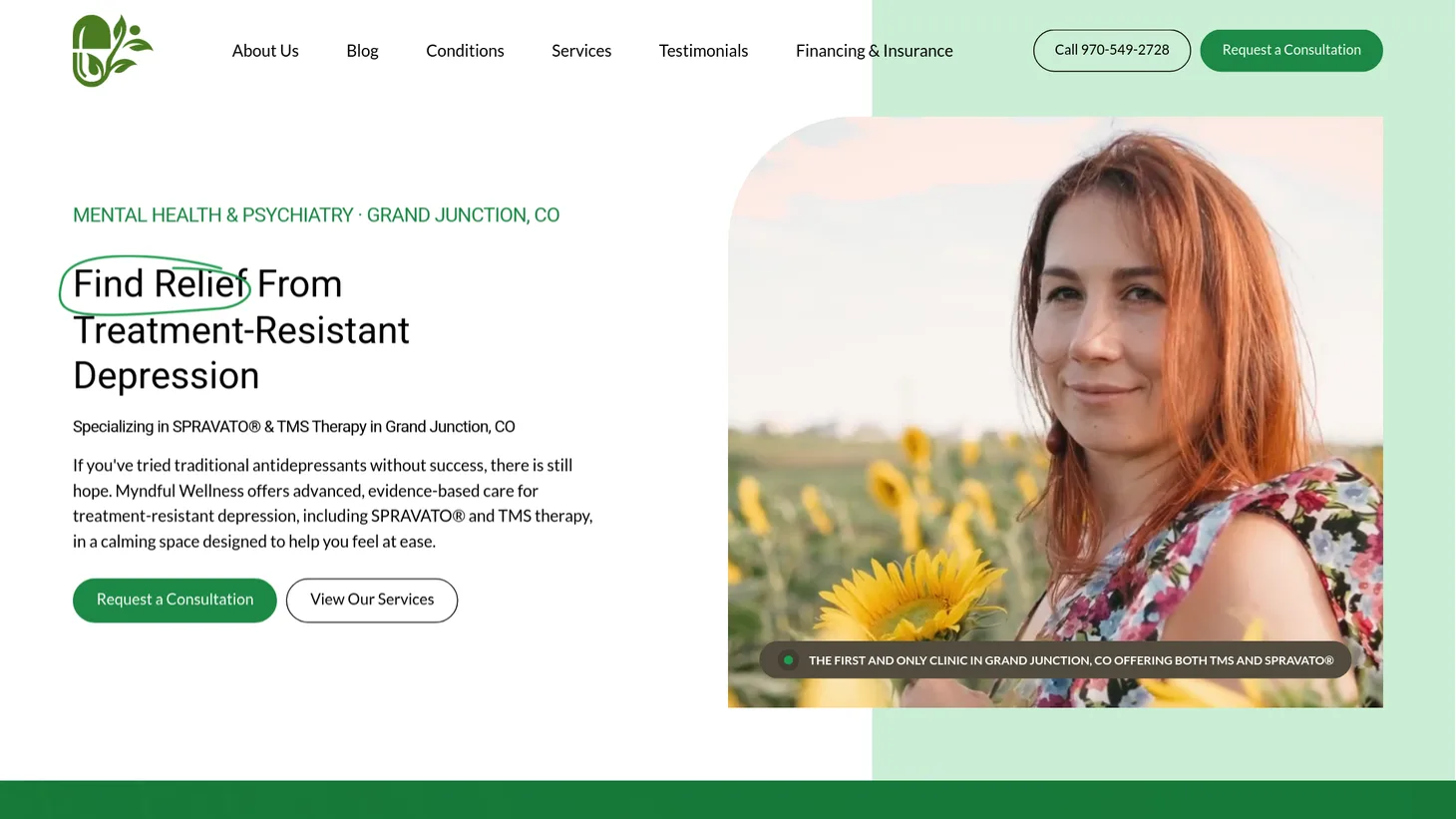 Myndful Wellness website homepage designed by PilotPractice