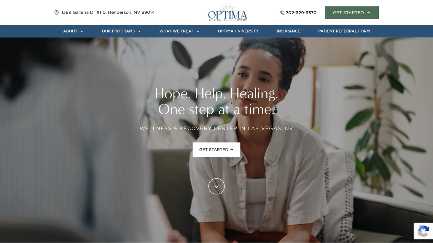 Optima Healing and Recovery website homepage designed by PilotPractice