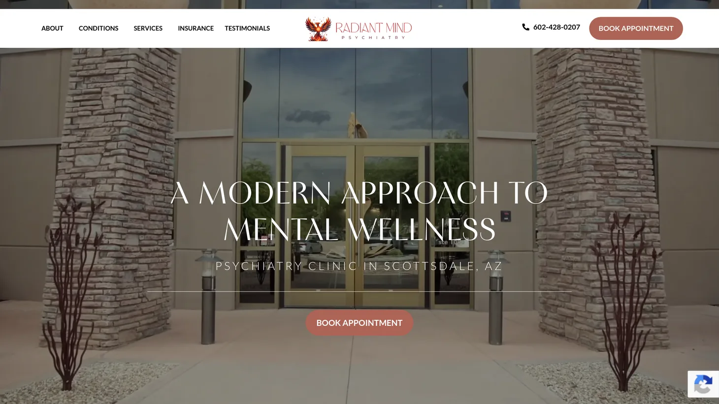 Radiant Mind Psychiatry website homepage designed by PilotPractice