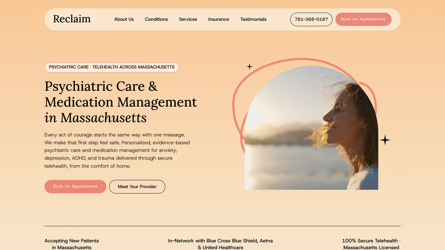 Reclaim Mental Health & Wellness website homepage designed by PilotPractice