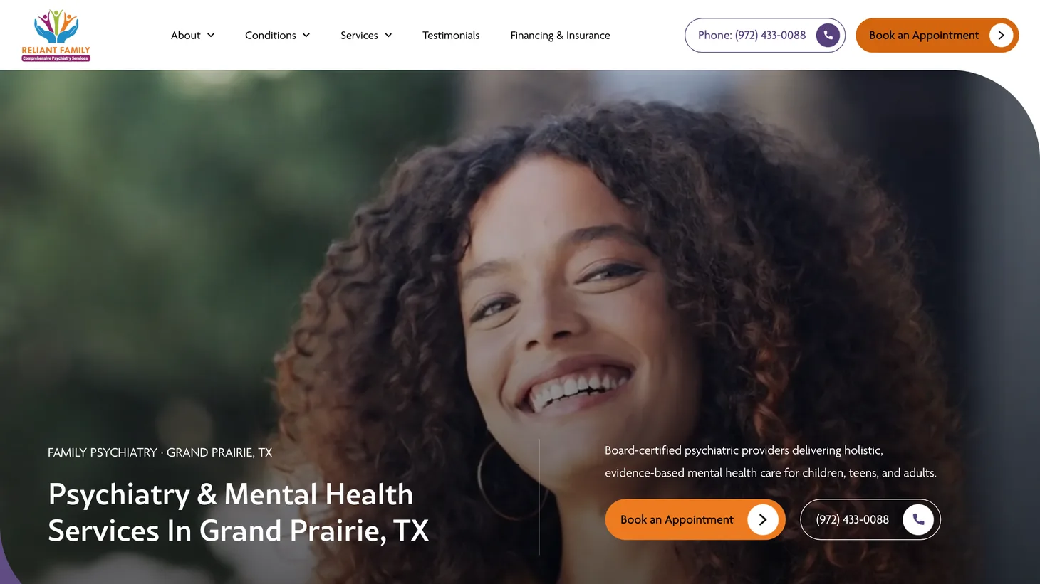 Reliant Family Medicine & Psychiatry website homepage designed by PilotPractice