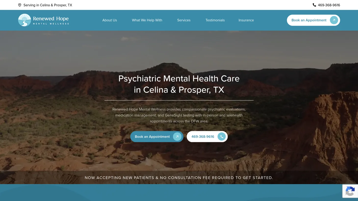 Renewed Hope Mental Wellness website homepage designed by PilotPractice