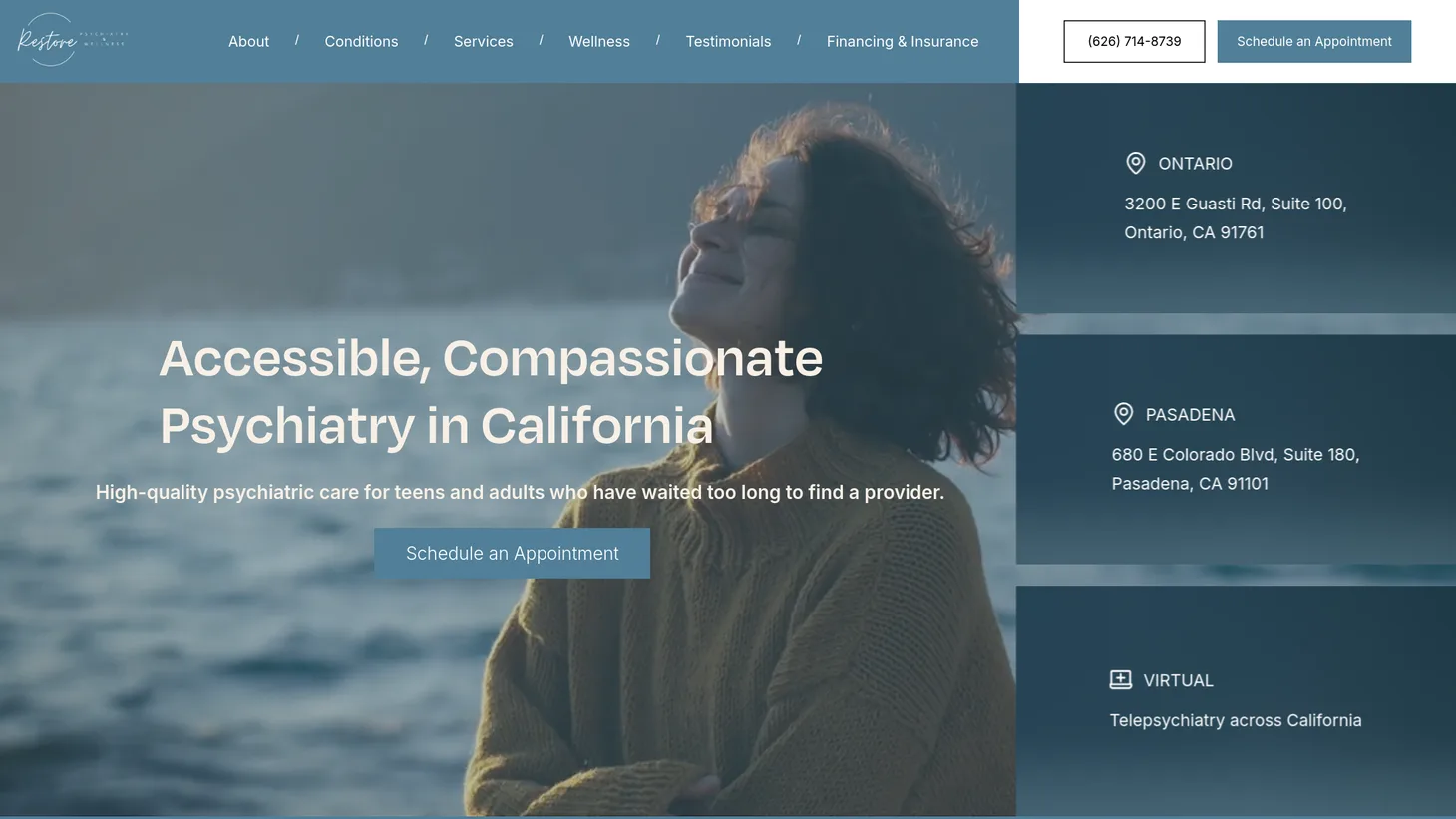Restore Psychiatry and Wellness website homepage designed by PilotPractice
