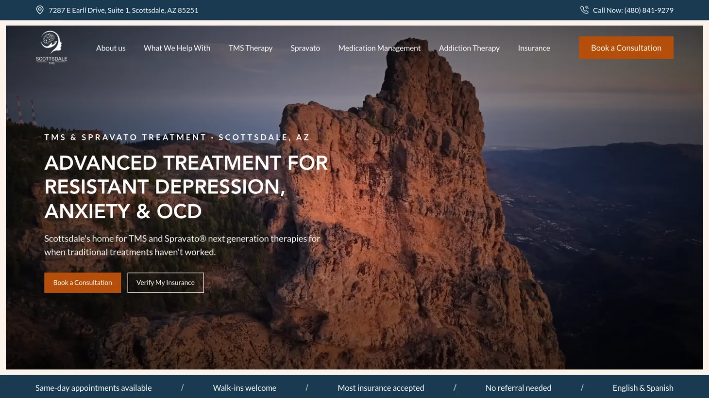 Scottsdale TMS & Spravato website homepage designed by PilotPractice