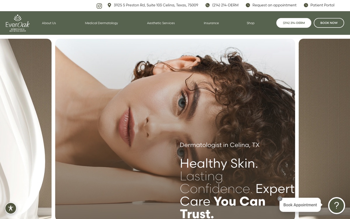 EverOak Dermatology homepage with the heading Dermatologist in Celina, TX and a Book Now button in the menu