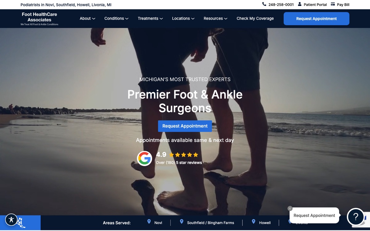Foot HealthCare Associates homepage listing its four Michigan towns, its 4.9 Google rating and a Request Appointment button