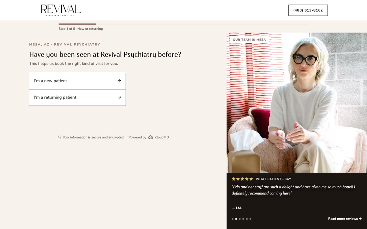 Revival Psychiatry online booking page, step 1 of 6, asking if the patient is new or returning