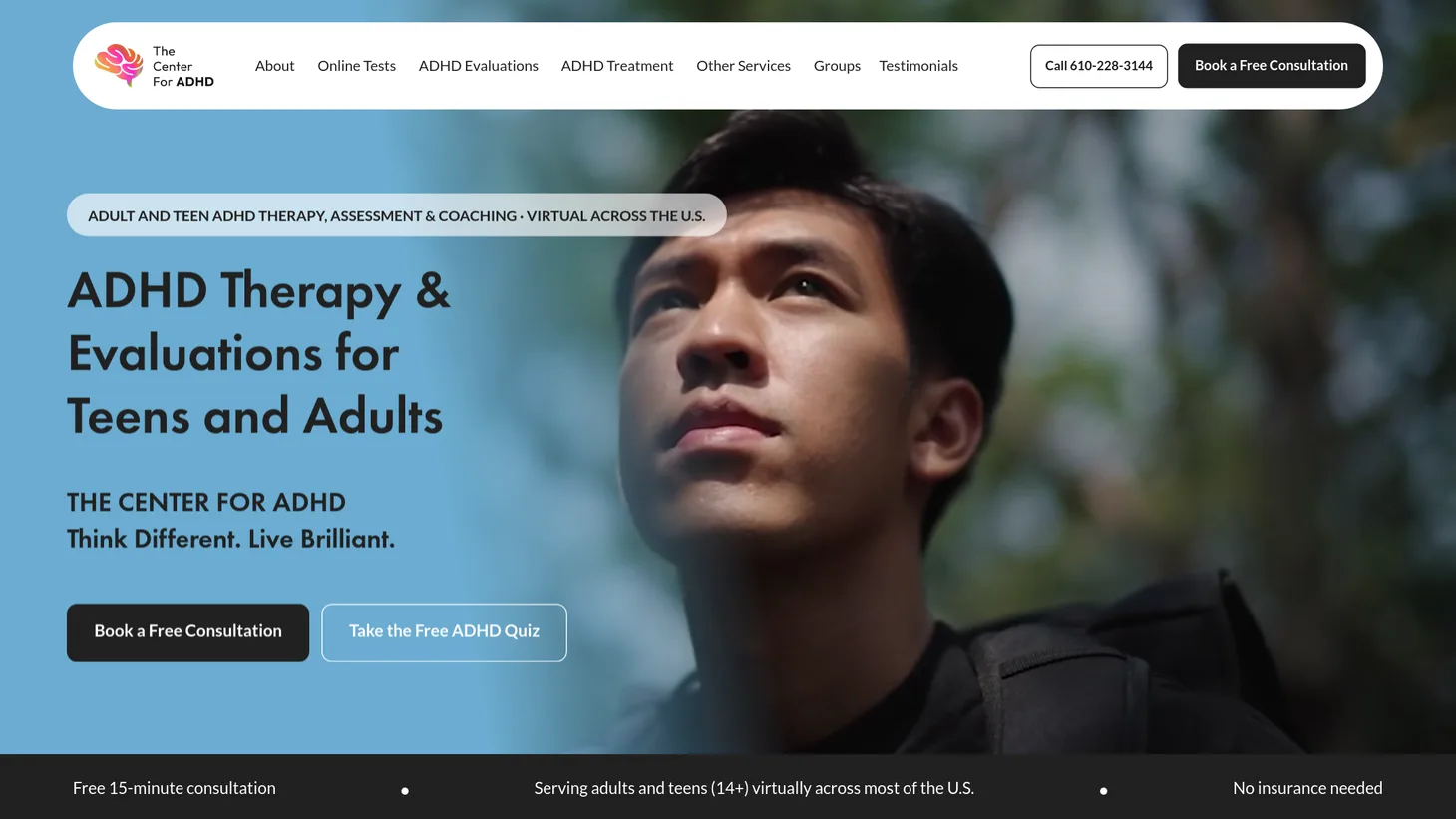 The Center for ADHD website homepage designed by PilotPractice