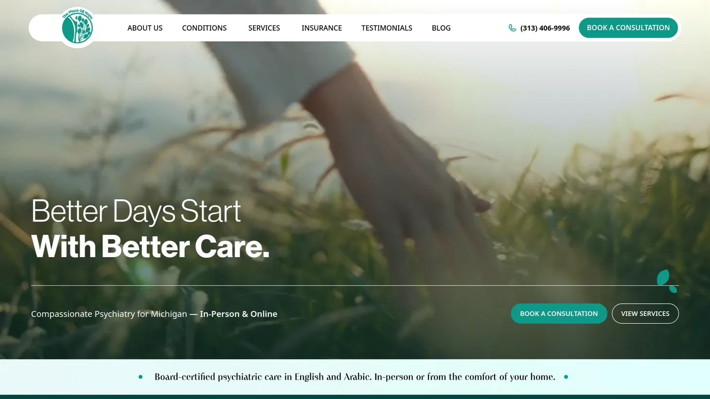 The Place of Hope website homepage designed by PilotPractice