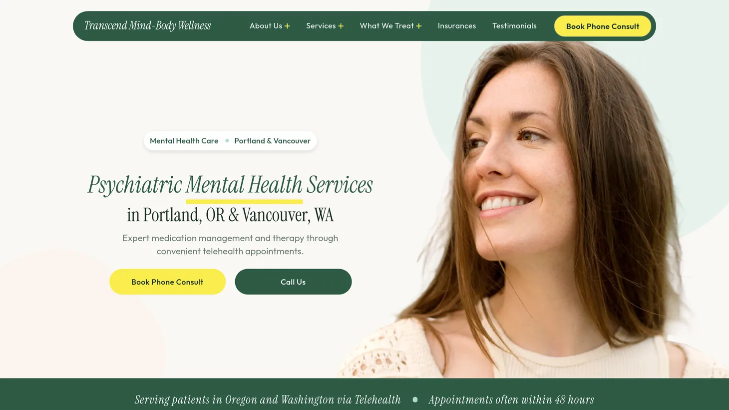 Transcend Mind-Body Wellness website homepage designed by PilotPractice