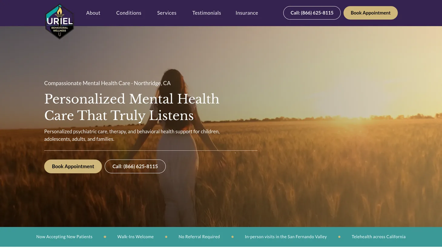 Uriel Behavioral Wellness website homepage designed by PilotPractice