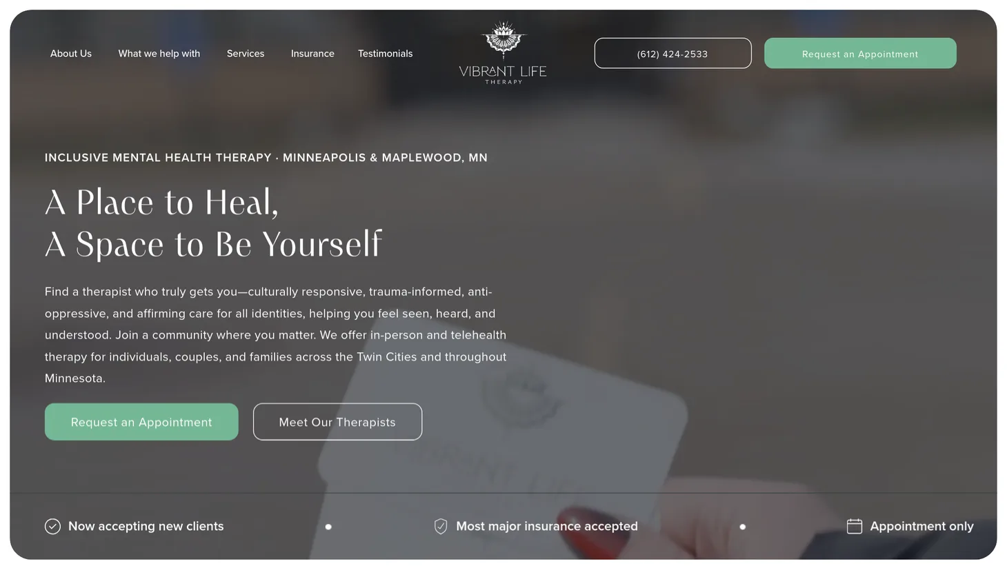 Vibrant Life Therapy website homepage designed by PilotPractice