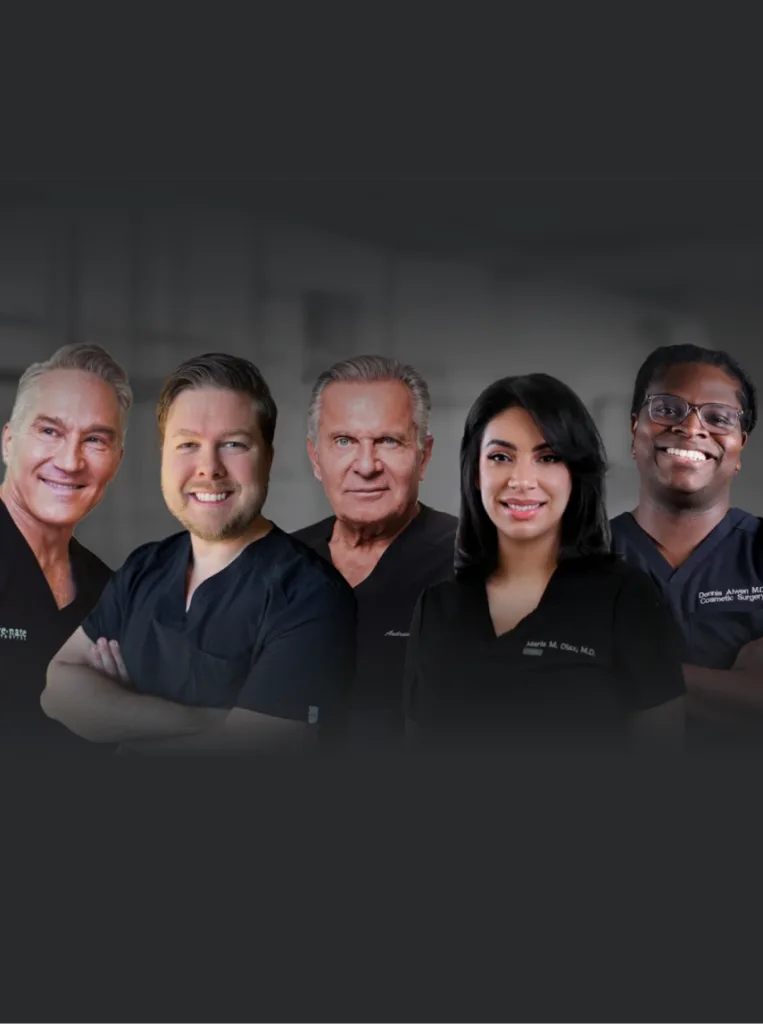 Five plastic surgeons in dark medical scrubs standing side by side