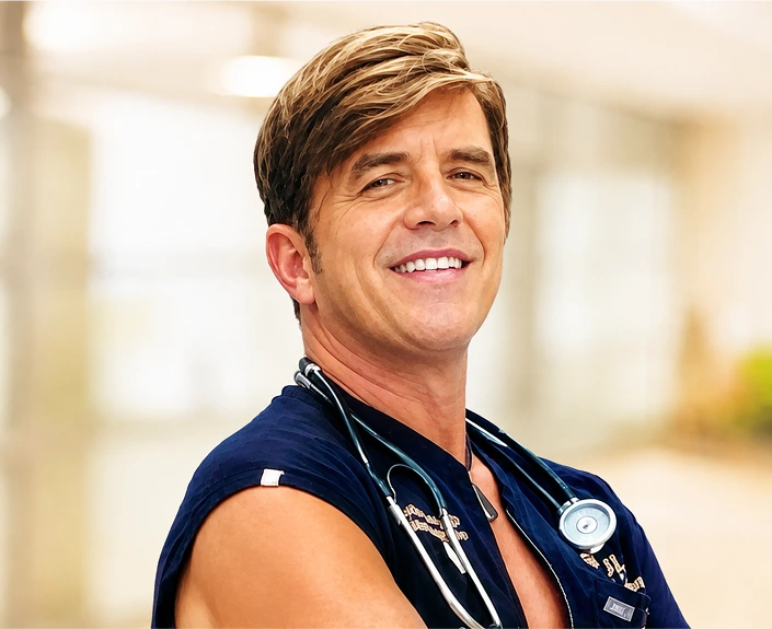 Male healthcare provider in navy scrubs with stethoscope, smiling at camera in clinical setting