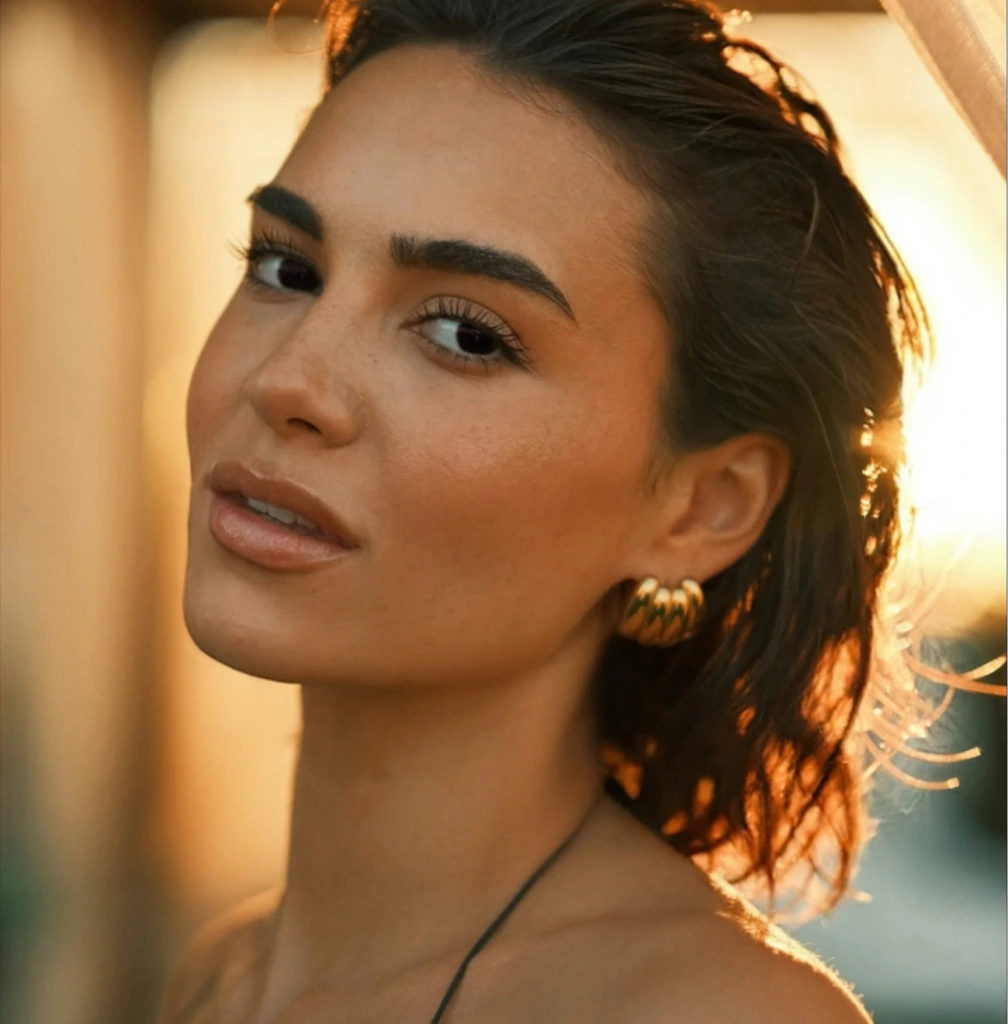 Woman in profile showing defined jawline and neck contour with golden hour lighting