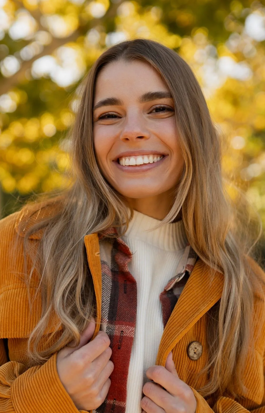 Smiling woman outdoors against autumn foliage