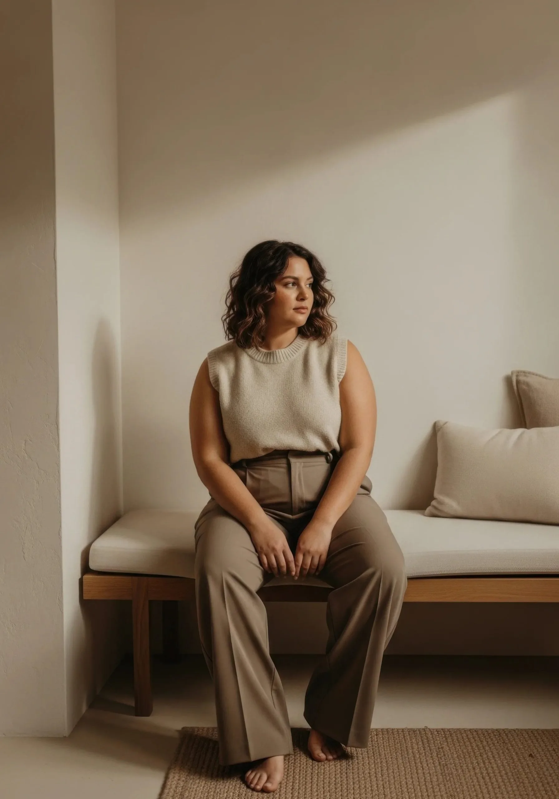 Woman sitting quietly in reflection, representing conditions treated in therapy