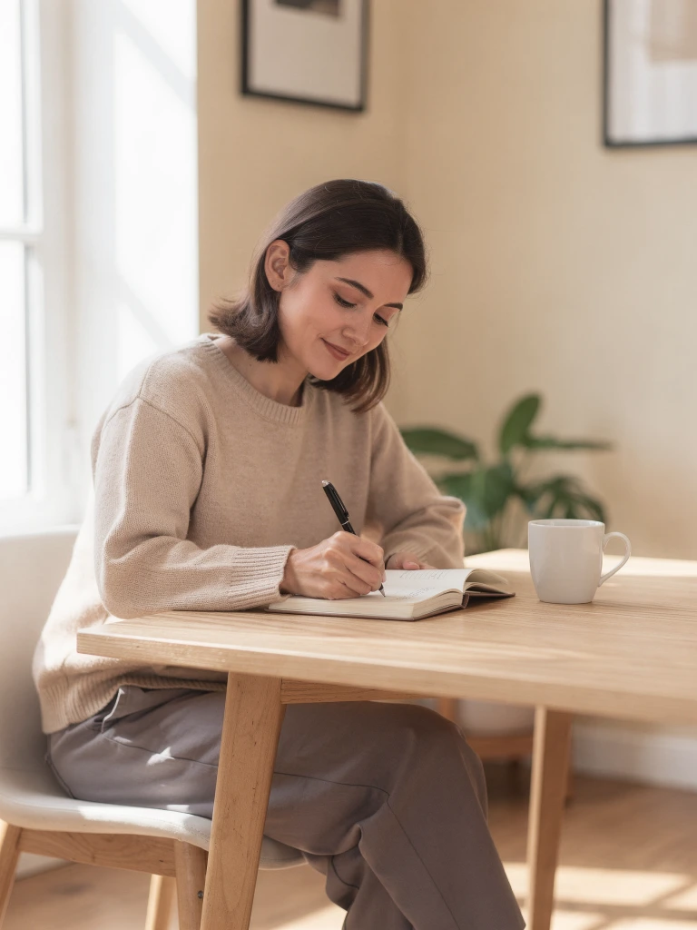 Person journaling in a calm, sunlit room