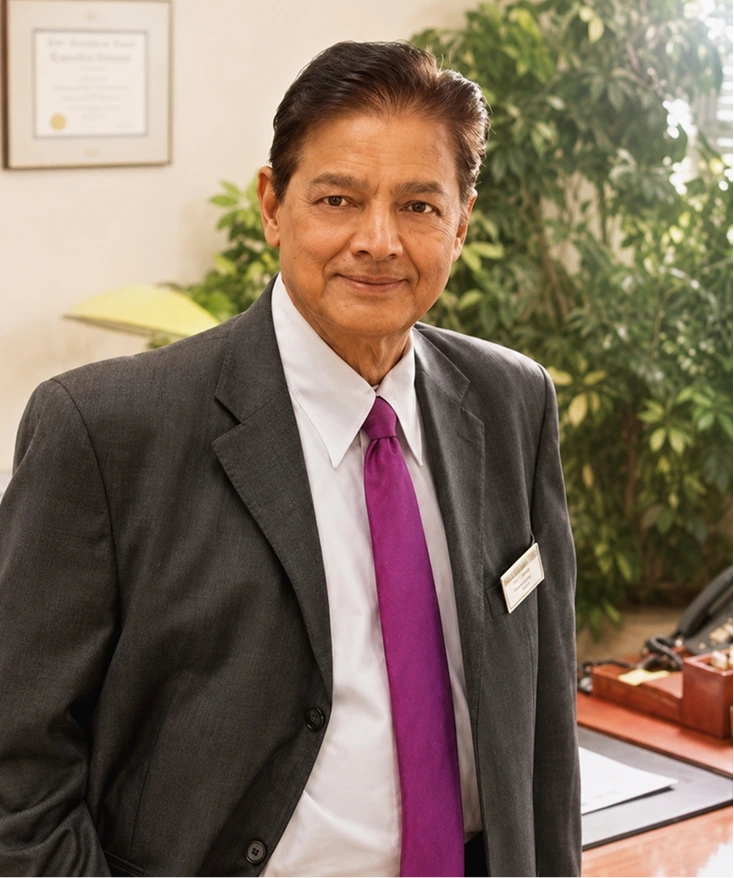 Dr. Raghu Ram Veeramasuneni, psychiatrist, in his office wearing a gray suit and purple tie