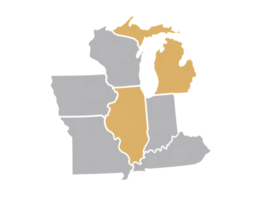 Map of Midwest showing Michigan and Illinois highlighted in gold, indicating practice locations