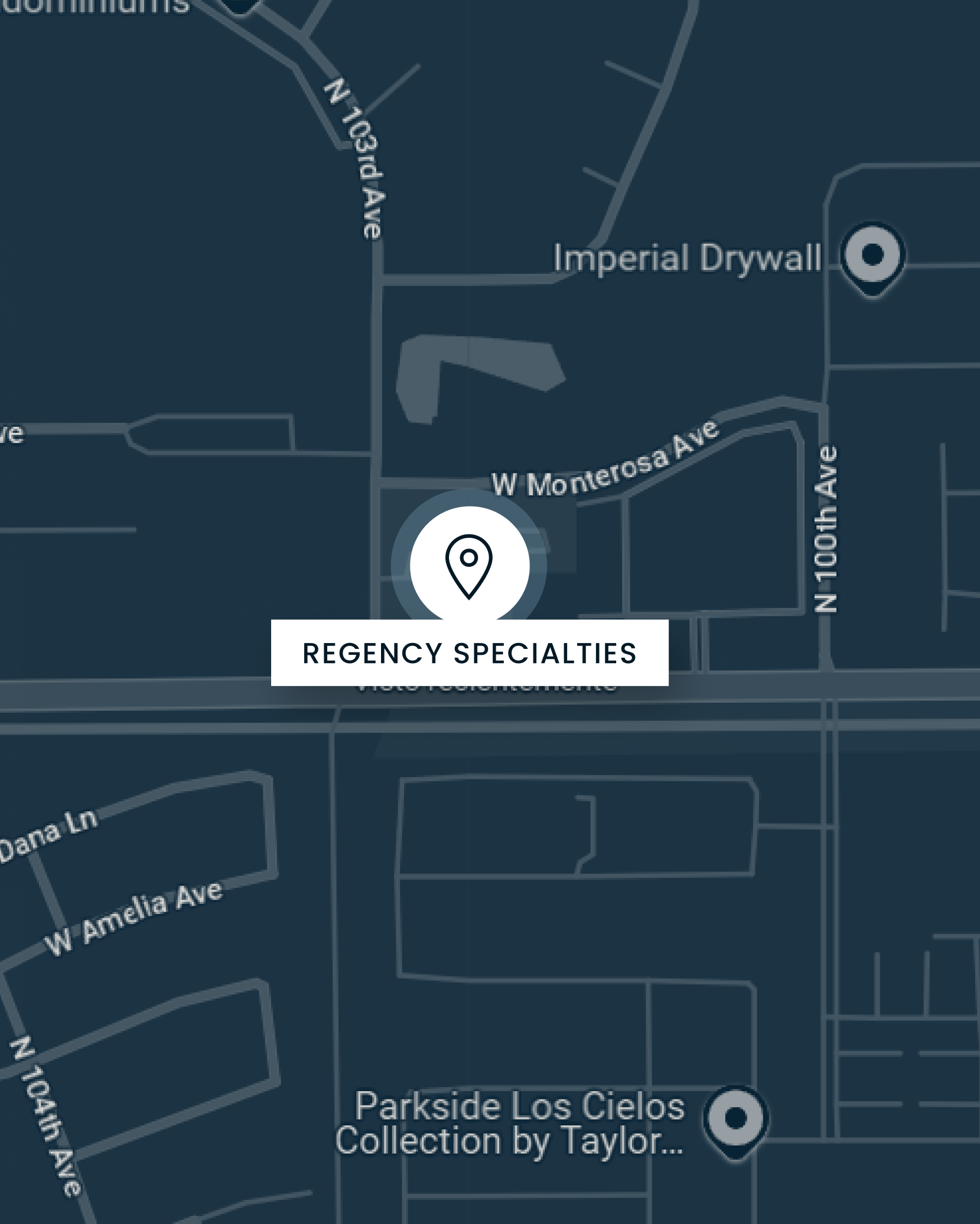 Map showing Regency Specialties location at W Monterosa Ave in Surprise, Arizona