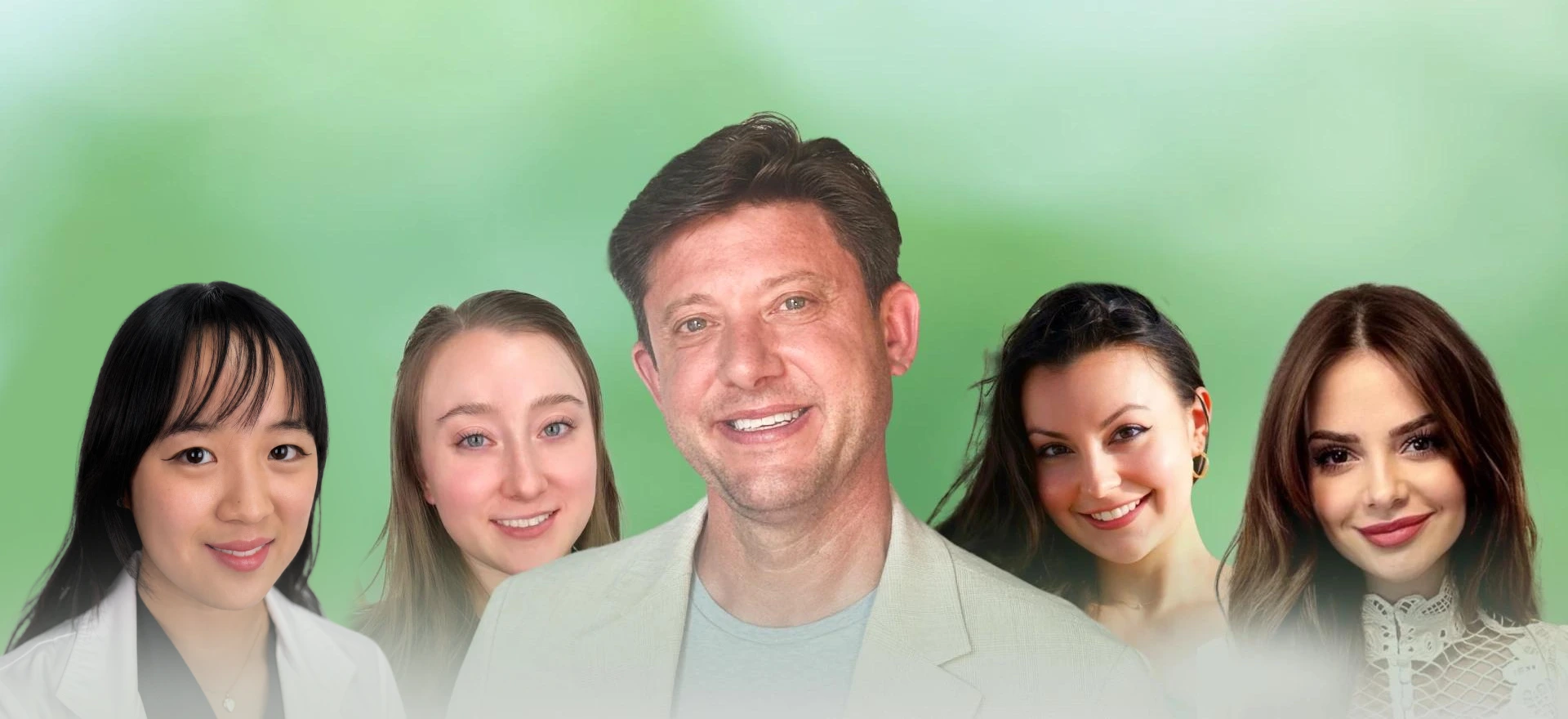 Five smiling healthcare team members against a green gradient background