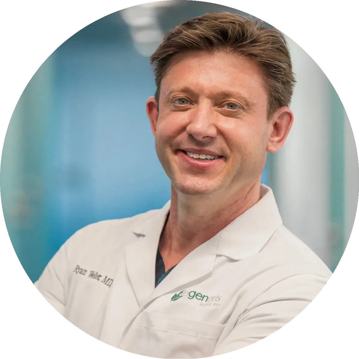 Dr. Ryan Welter, MD, PhD, smiling in a white medical coat against a blurred blue background