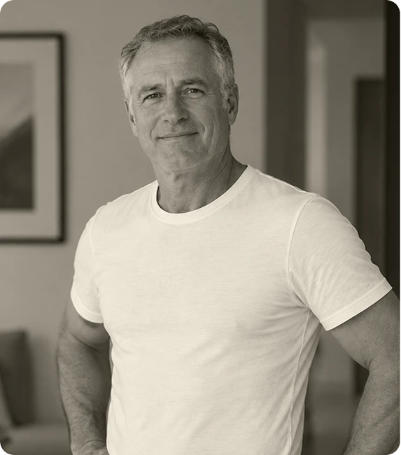 Middle-aged man in a white t-shirt posing for a portrait in a neutral clinical setting