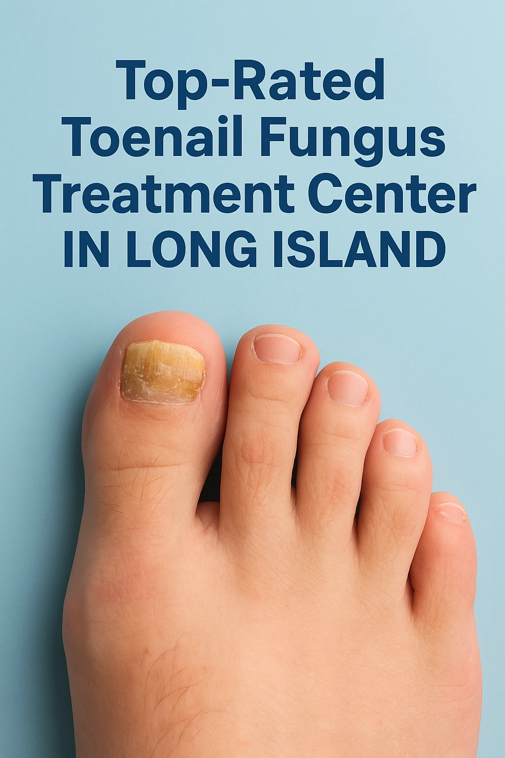 Foot showing discolored toenail fungus on the big toe against light blue background with text reading 'Top-Rated Toenail Fungus Treatment Center IN LONG ISLAND'