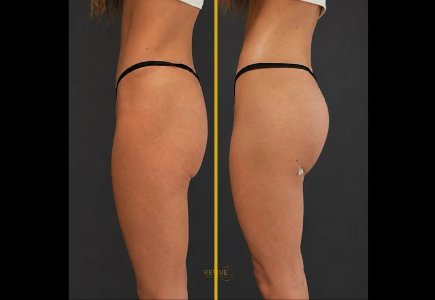 Before and after buttock augmentation with Alloclae, showing increased projection and lift