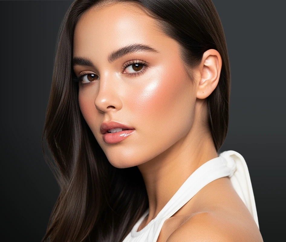 Woman with long dark hair in profile showing ear and side of face with clear skin
