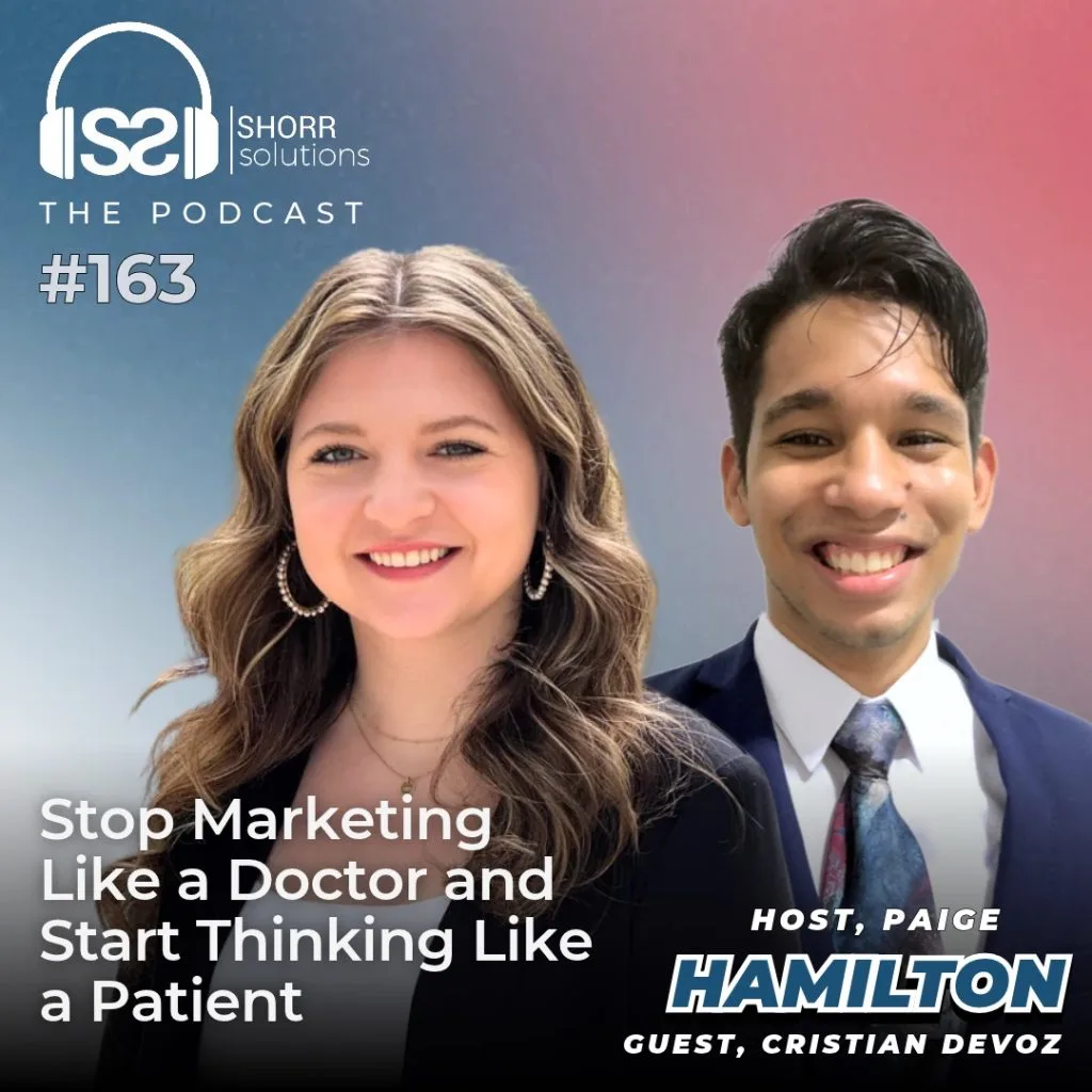 Shorr Solutions podcast episode 163 cover with host Paige Hamilton and guest Christian Devoz against blue-to-pink gradient
