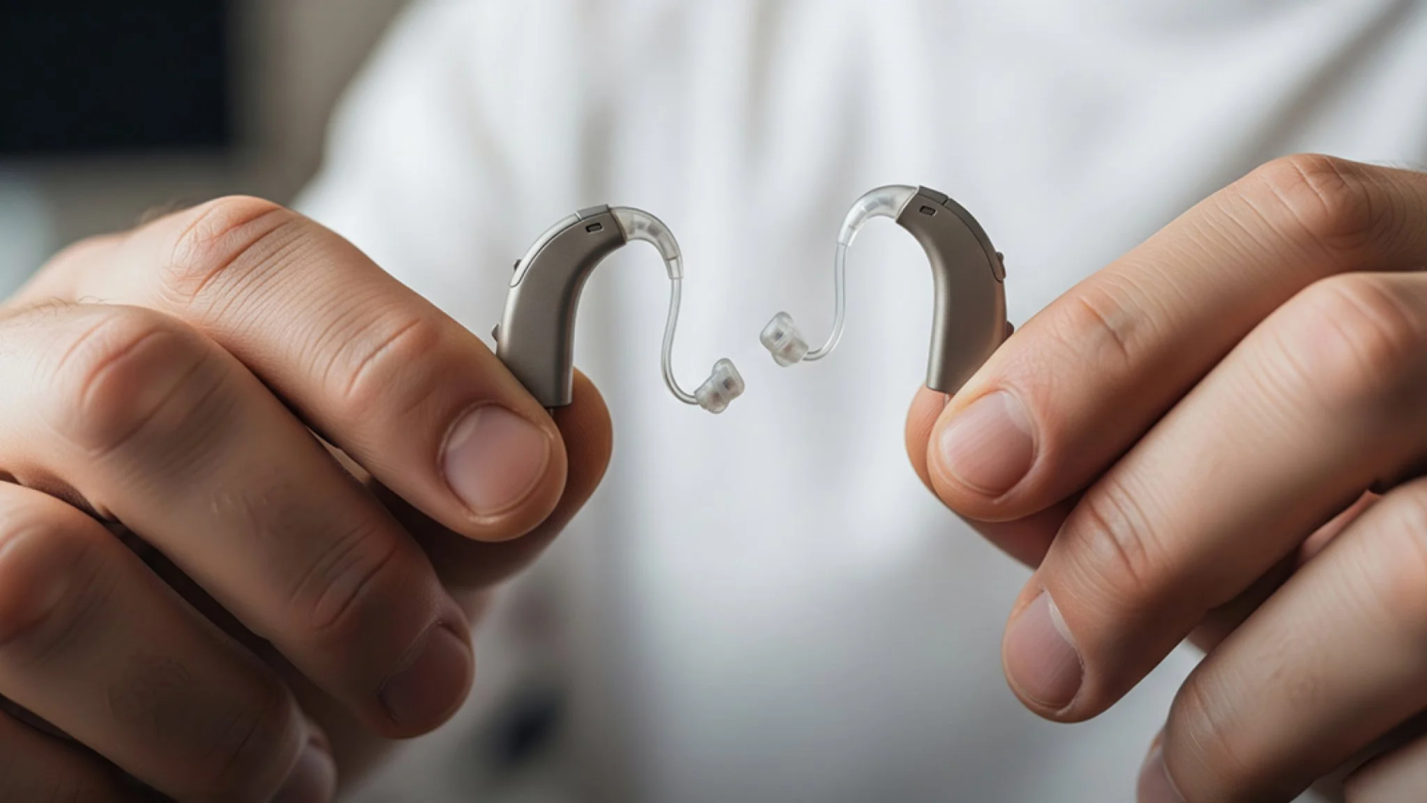 Two behind-the-ear hearing aids held up in an audiologist’s hands