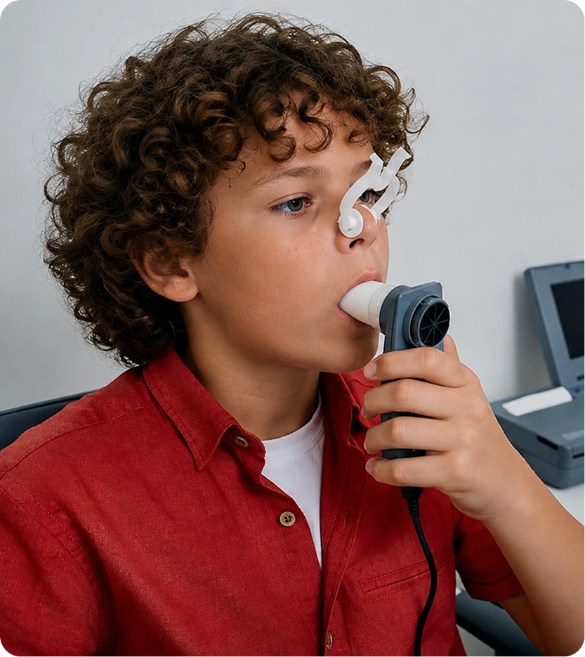Child performing spirometry test, breathing into handheld device with nose clip