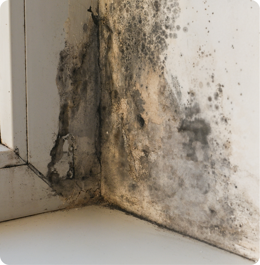 Corner of a white wall covered with brown and gray mold growth
