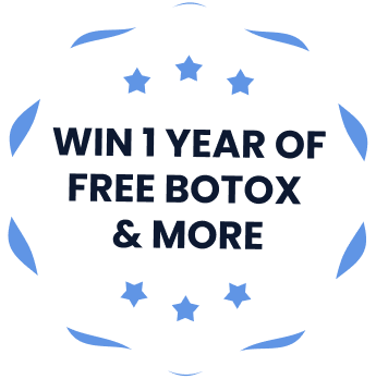 WIN 1 YEAR OF FREE BOTOX & MORE promotional graphic with blue stars and decorative elements