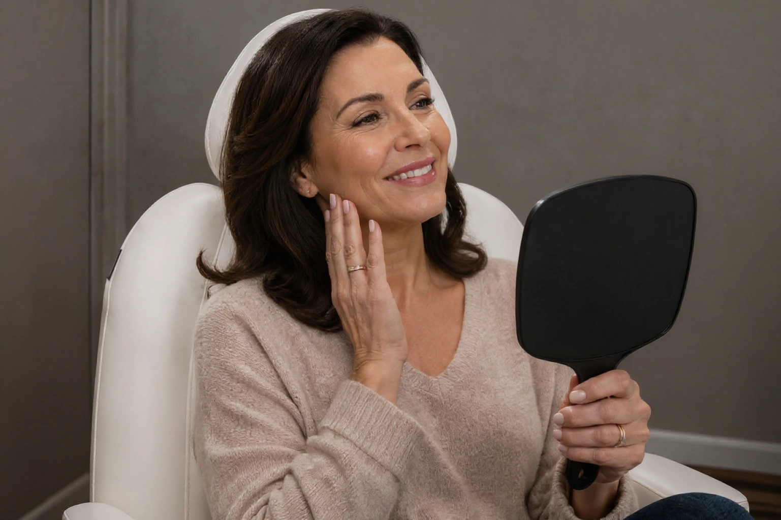 Woman smiling while looking in a handheld mirror after treatment