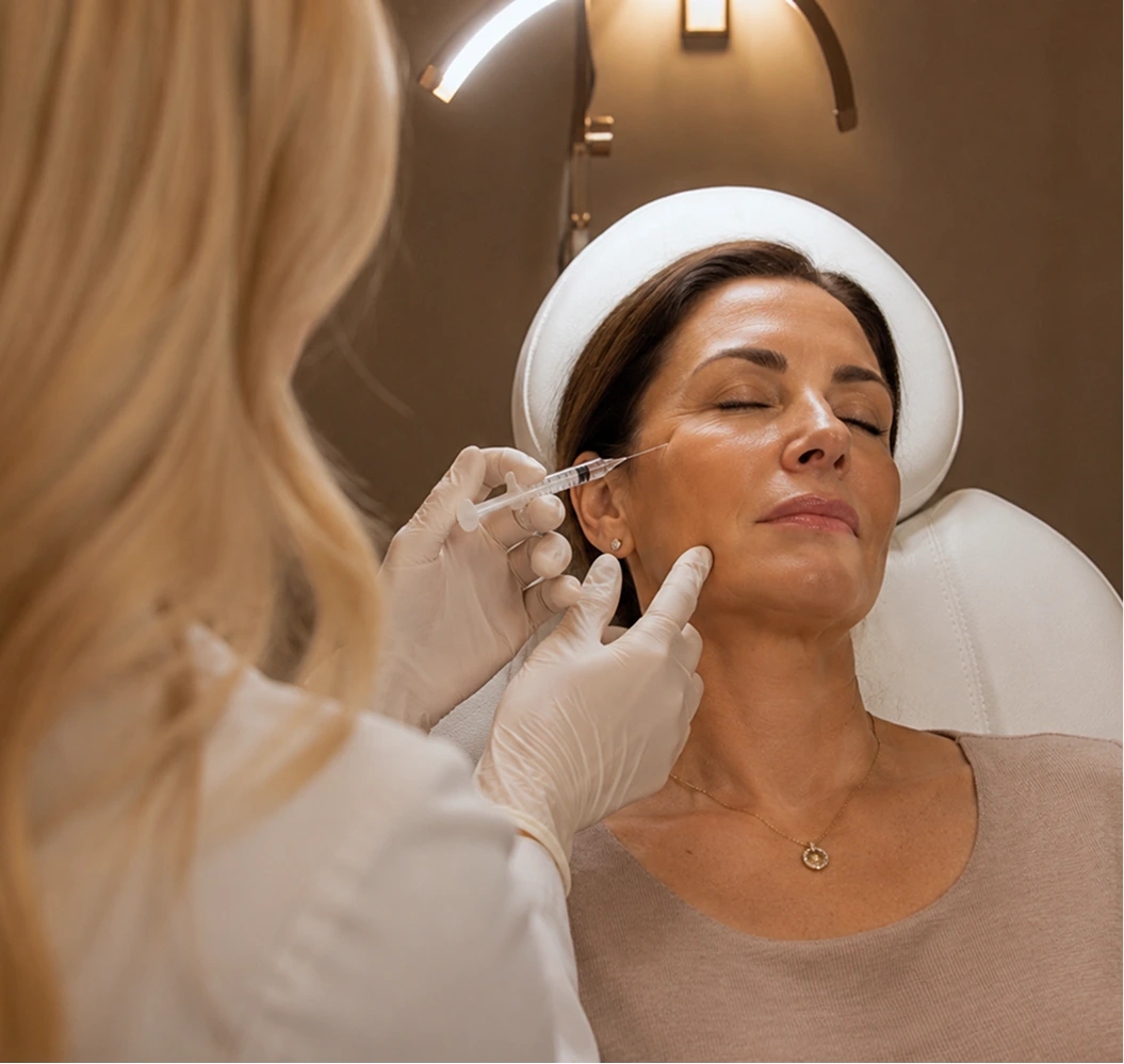Provider administering injectable treatment to patient's forehead in med spa treatment room
