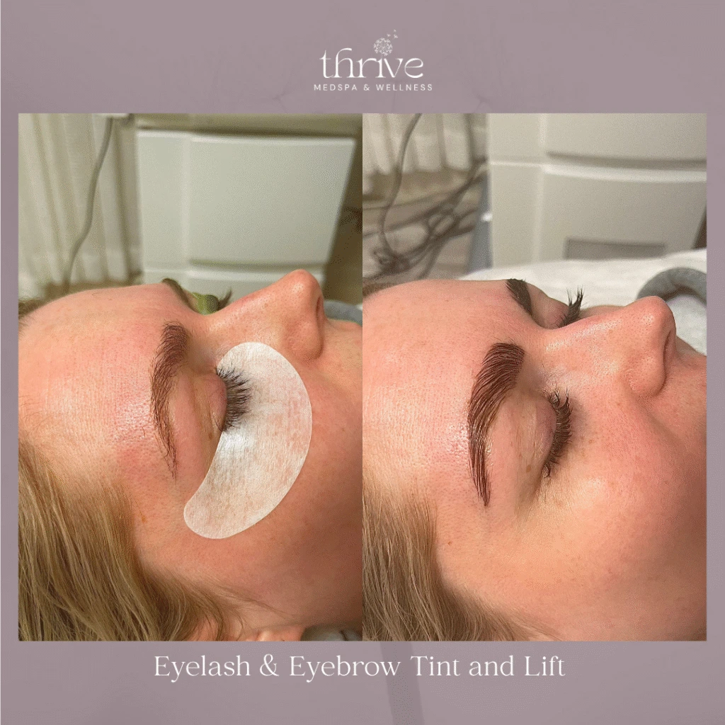 Eyelash and eyebrow tint and lift before and after