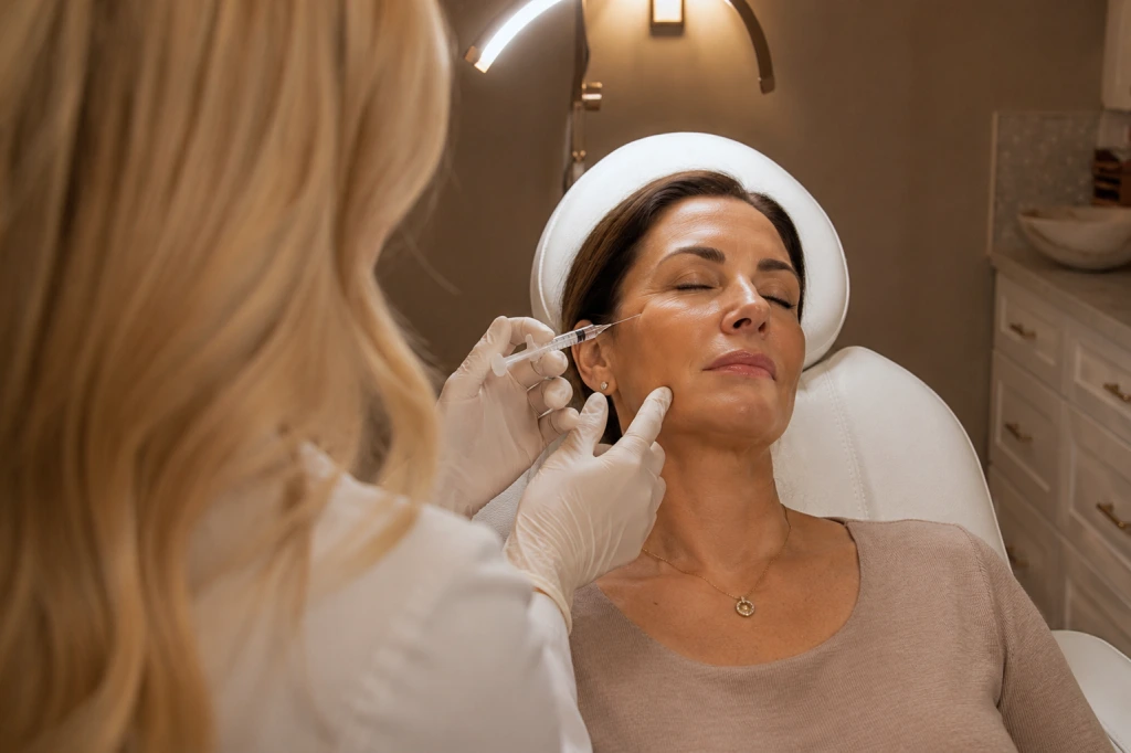 Provider administering bio filler injection to patient's cheek in treatment room